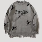 New Personality Street Jacquard Ripped Frayed Vintage Loose Sweater — Gray