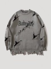 New Personality Street Jacquard Ripped Frayed Vintage Loose Sweater — Gray