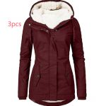 Solid Color Pocket Long-sleeve Zipper Fleece Padded Coat Women — Wine Red  3pcs