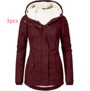 Solid Color Pocket Long-sleeve Zipper Fleece Padded Coat Women — Wine Red - Image 11