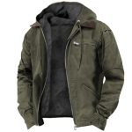 Winter Hooded Coat With Pockets Fashion Warm Fleece Zip-up Jacket Casual Outwear Men's Clothing — Green