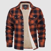 Fleece Lined Men's Jacket Long Sleeve Lapel Plaid — Khaki Grid - Image 13