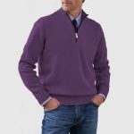 Men's Stand Collar Zipper Sweater Winter Fashion Solid Color Long Sleeve Knitted Top Clothing — Dark Purple