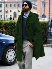 Retro Horn Button Hooded Woolen Trench Coat Men — Green