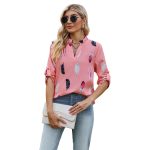 V-neck Feather Printed 34 Sleeves Loose Shirt — Pink