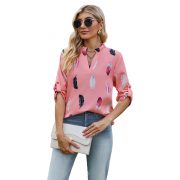 V-neck Feather Printed 34 Sleeves Loose Shirt — Black - Image 7