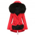 Parka Cotton-padded Coat Mid-length Hooded — Red