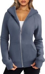 Women's Zipper Short Hood Fleece Lined Solid Color Hoodie Sweater — Army Green - Image 12