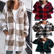 European Velvet Women's Long-sleeved Plaid Hooded Zipper With Pockets Baggy Coat — Green - Image 2