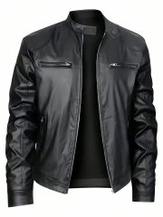 Men's Stand-up Collar Leather Jacket Business Casual Jacket — Black - Image 2