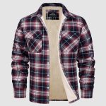 Fleece Lined Men's Jacket Long Sleeve Lapel Plaid — Wine Red Grid