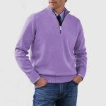 Men's Stand Collar Zipper Sweater Winter Fashion Solid Color Long Sleeve Knitted Top Clothing — Purple