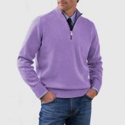 Men's Stand Collar Zipper Sweater Winter Fashion Solid Color Long Sleeve Knitted Top Clothing — Dark Purple - Image 11