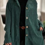 Women's Corduroy Hooded Jacket Fashion Warm Pockets Button Mid-length Top Casual Fall Winter Outwear Clothing — Green