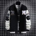Men's Baseball Jacket Fashion Casual Letter Number Print Button-down Tops Streetwear Clothing — Black