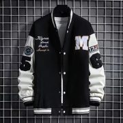 Men's Baseball Jacket Fashion Casual Letter Number Print Button-down Tops Streetwear Clothing — Black