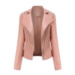 Beaded Leather Women's Long-sleeved Fashion Jacket Lapel Motorcycle Clothing Thin Women's Jacket — Pink