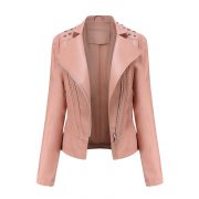Beaded Leather Women's Long-sleeved Fashion Jacket Lapel Motorcycle Clothing Thin Women's Jacket — Beige - Image 6