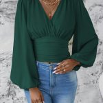 V-neck Sleeve Solid Color Pleated Women's Long-sleeved Top — Dark Green