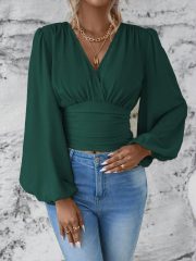 V-neck Sleeve Solid Color Pleated Women's Long-sleeved Top — Dark Green