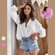 Women's Cotton Casual Hollow-out Design Lantern Long-sleeved Shirt — White - Image 2