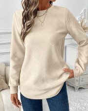 Women's Crew Neck Casual Long Sleeve Shirt — Khaki - Image 6
