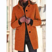 Fashion Stand Collar Woolen Coat With Pockets Fall Winter Casual Button Outwear For Women Clothing — Red - Image 9