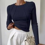 Slim Long Sleeve T-shirt Fashion Solid Color Split Thread Knitted Top Womens Clothing — Navy blue