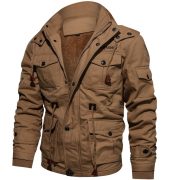 Winter Zip-up Coat Warm Thickened Detachable Hooded Jacket Multi-pocket  Button Drawstring Long Sleeve Tops Men's Cargo Clothing — Khaki - Image 3
