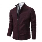 Men's Solid Color Stand Collar Cardigan Sweaters Coat — Wine Red