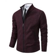 Men's Solid Color Stand Collar Cardigan Sweaters Coat — Wine Red