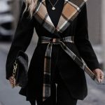 Lace-up Plaid Color Matching Wool Mid-length Trench Coat For Women — Black