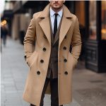 Fall Winter Men Woolen Coat Double Breasted Long — Khaki