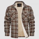 Fleece Lined Men's Jacket Long Sleeve Lapel Plaid — Khaki Grid
