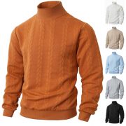 Knitted Solid Color Men's Fashion Jacquard High Collar Warm Sweater — Khaki - Image 2