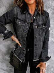 Female Creative Perforated Denim Long Sleeved Shirt — Black - Image 10