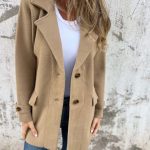 Women's Woolen Coat Casual Loose Lapels Faux Pocket Cardigan Wool Overcoat — Khaki