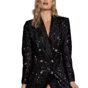Fashion Ladies V-neck Double Breasted Black With Paillettes Slim Fit Long Shirt — Black - Image 6