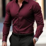 Men's Shirt Business Button Down Shirt Summer Solid Color Long Sleeve Lapel Vacation Shirt Fashion Temperament Casual Tops — Wine Red