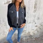 Denim Stitching Jacket Casual Fashion Raglan Sleeve Coat — Black