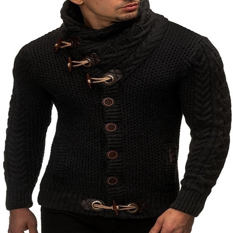 bbc0fc87_1613728387746 Knitted Jacket With High Collar Buttons — Black - Image 1