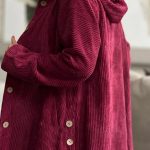 Women's Corduroy Hooded Jacket Fashion Warm Pockets Button Mid-length Top Casual Fall Winter Outwear Clothing — Wine Red
