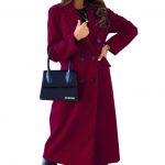Women's Fashion Simple Double Breasted Long Sleeve Lapel Button Woolen Coat — Wine red