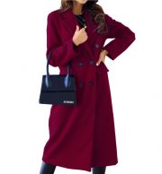 Women's Fashion Simple Double Breasted Long Sleeve Lapel Button Woolen Coat — Wine red