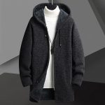 Fall Winter Men Fleece-lined Mid-length Zipper Hooded Sweater Cardigan — Dark Gray