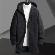 Fall Winter Men Fleece-lined Mid-length Zipper Hooded Sweater Cardigan — Dark Gray