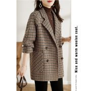 Suit Collar Houndstooth Woolen Coat Woman — Black - Image 4