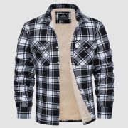 Fleece Lined Men's Jacket Long Sleeve Lapel Plaid — Khaki Grid - Image 2