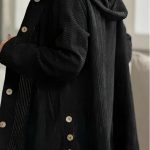 Women's Corduroy Hooded Jacket Fashion Warm Pockets Button Mid-length Top Casual Fall Winter Outwear Clothing — Black