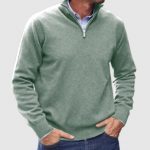 Men's Stand Collar Zipper Sweater Winter Fashion Solid Color Long Sleeve Knitted Top Clothing — Light Green